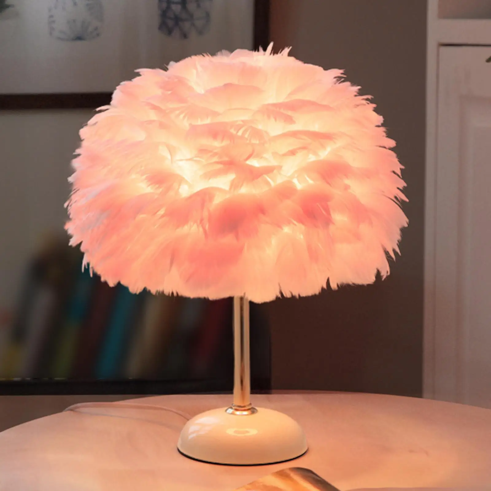 

Feathers Shade Table Lamp Desk Night Light Ceramic Base for Home Decoration