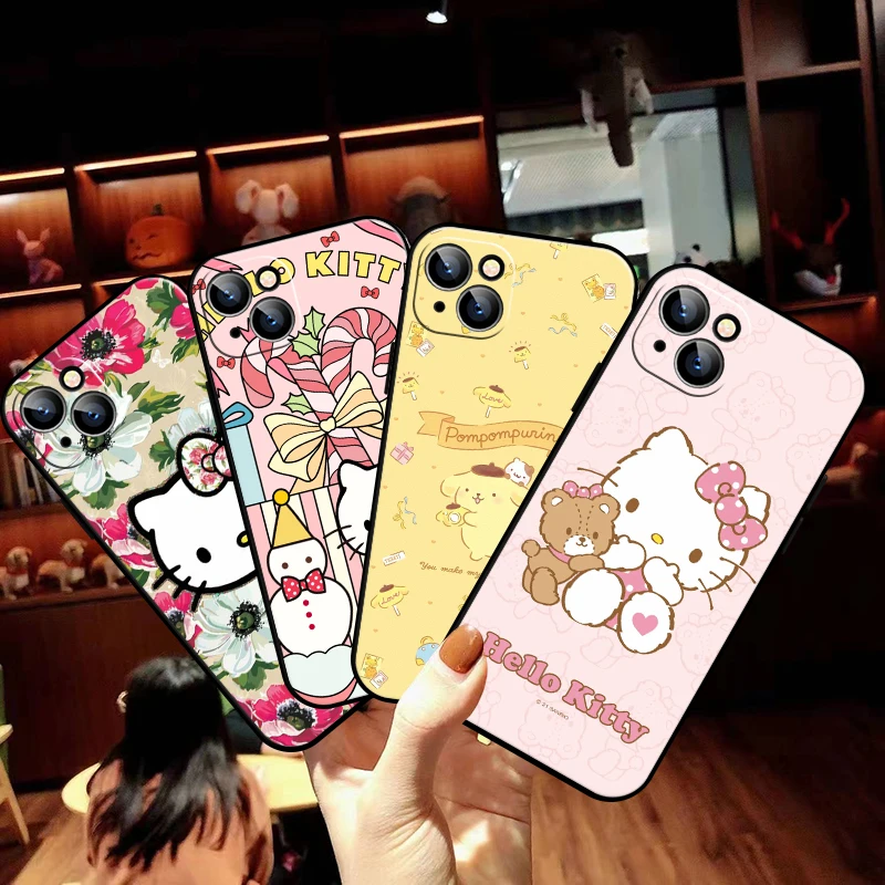 

TAKARA TOMY Cute Hello Kitty Phone Case For Funda iPhone 11 12 13 Pro Max Mini X XR XS Max SE 2020 6 6s 7 8 Plus Black Etui