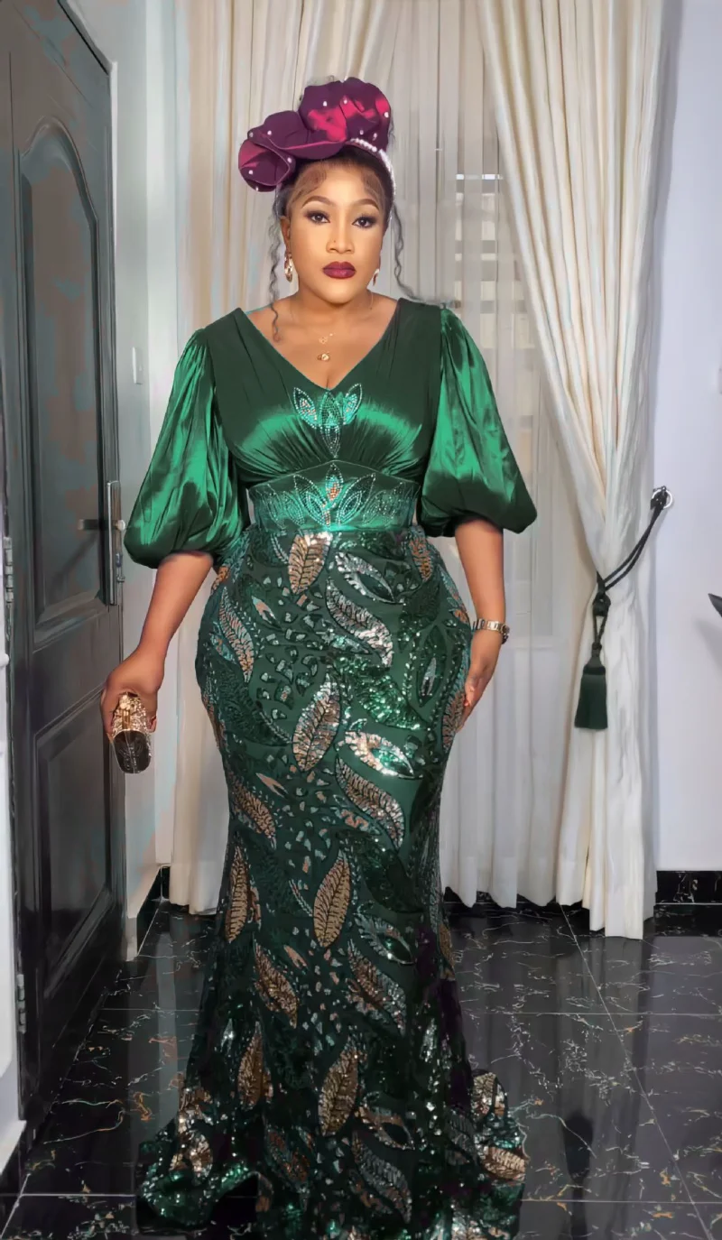 

2023 Summer African Sequins Maxi Dress for Women Elegant Lady Wedding Evening Dresses Plus Size Sexy Femme Party Bocycon Gown