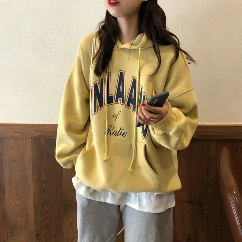 Fashion Hoodie Yellow Sweatshirt Long Sleeve Korean Lazy Wind Baggy Letter Printing Vintage Female Tops Pullover Hoodie Autumn