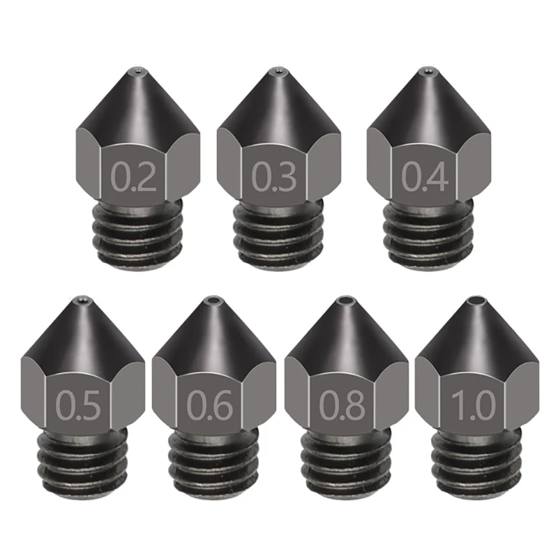 

High Precise Hardened Steel MK8 Nozzles 3D Printer 0.2/0.3/0.4/0.5/0.6/0.8/1.0mm Nozzles 55-60Degrees Surfaces hardness Dropship