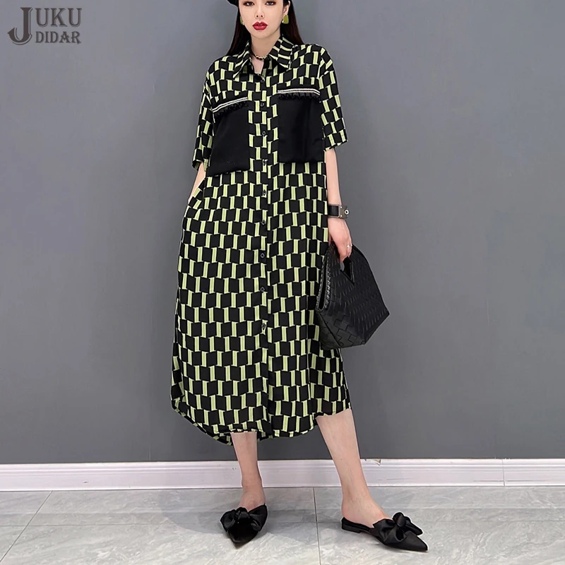 

Женское прямое платье-рубашка с коротким рукавом, свободное черно-зеленое клетчатое платье большого размера с карманами и принтом, JJXD199, на лето