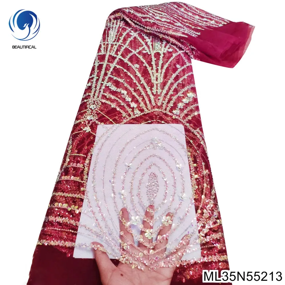 Nigerian French Sequins Lace Fabric Hot Sale Handmade 2022 Embroidered African Beaded Net Mesh Cloth for Women Dress ML35N552 4 Nigerian French Sequins Lace Fabric Hot Sale Handmade 2022 Embroidered African Beaded Net Mesh Cloth for Women Dress ML35N552 4