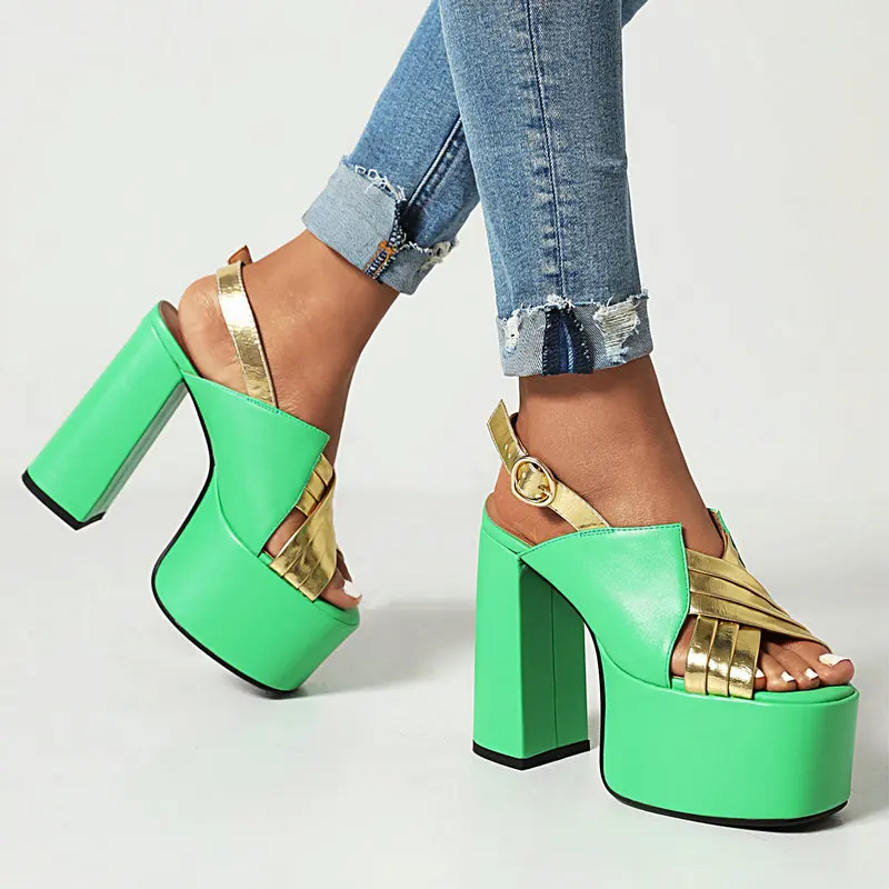 

Женские босоножки на платформе и очень высоком каблуке, разноцветные сандалии с пряжкой, туфли с открытым носком и квадратным каблуком, весна-лето 2022