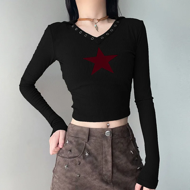 

Dark Star Print Ribbed T-Shirt y2k Grunge Tee Long Sleeve Graphic Mall Goth Crop Top 2000s Vintage Japanese Women Streetwear