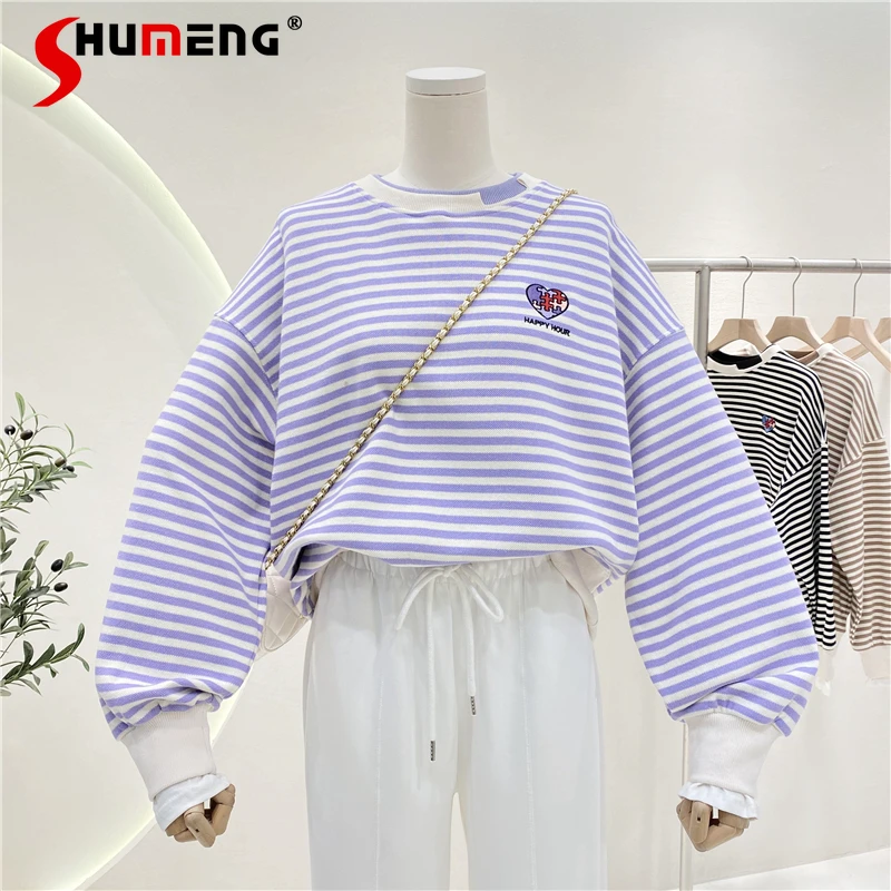 

2022 Spring New Ladies Korean Fashion Striped Sweatshirt Women Love Embroidered Loose Casual Long Sleeves Pullover Hoodie Top