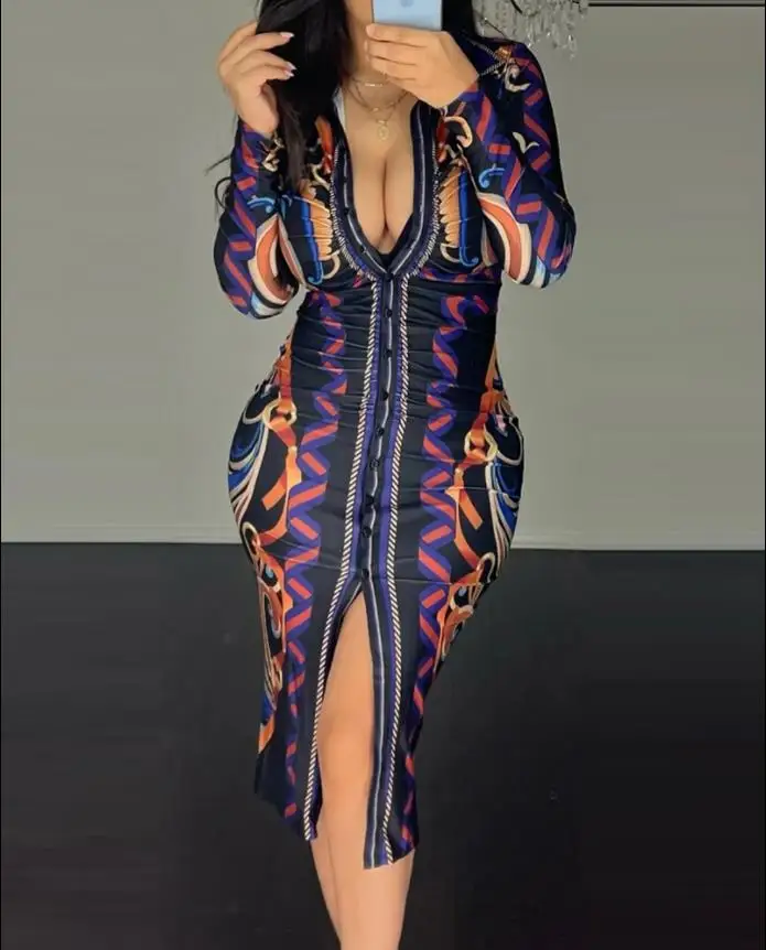 

Scarf Print Buttoned Slit Shirt Dress Elegant Dresses for Women Casual New Fashion 2023 Casual Female Clothing Outfits