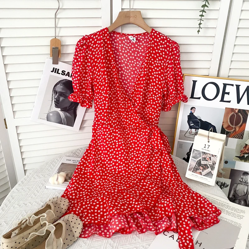 

Holiday beach V-neck floral print waist tie dress for women puff sleeves irregular ruffled one-piece dress short women vestidos