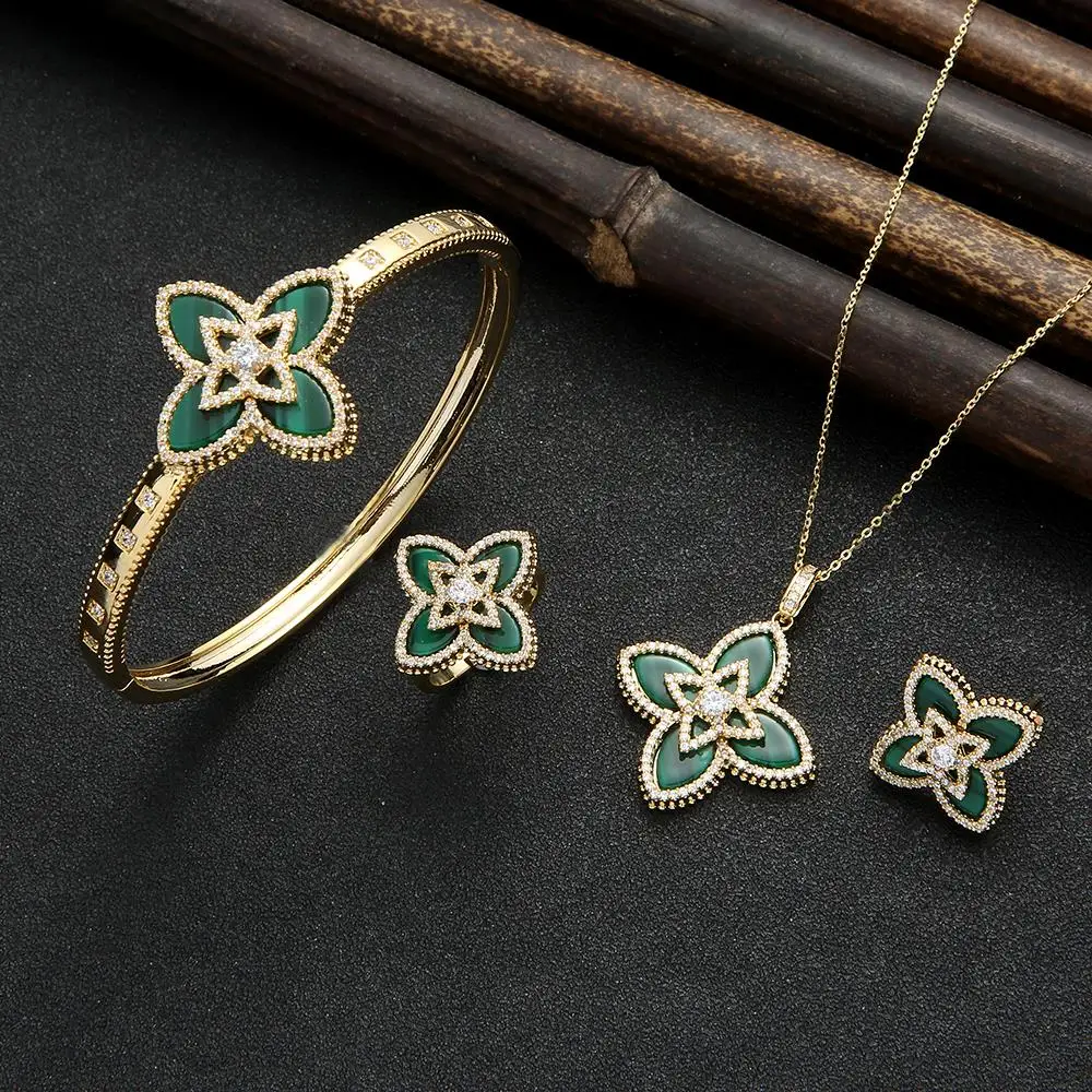 

Trendy Dainty Inlay Zircon Plant Flower Neck Necklaces Stackable Earring Bangle Ring Jewelry Set For Women Girlfriend Wife Gift