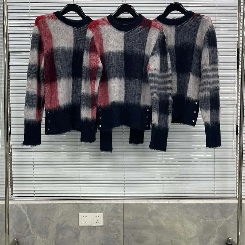 THOM Men's Winter Sweater Luxury Brand Mohair 4-Bar Striped Women's Sweater Jumpers Korean Style Loose Pullover Knitwear