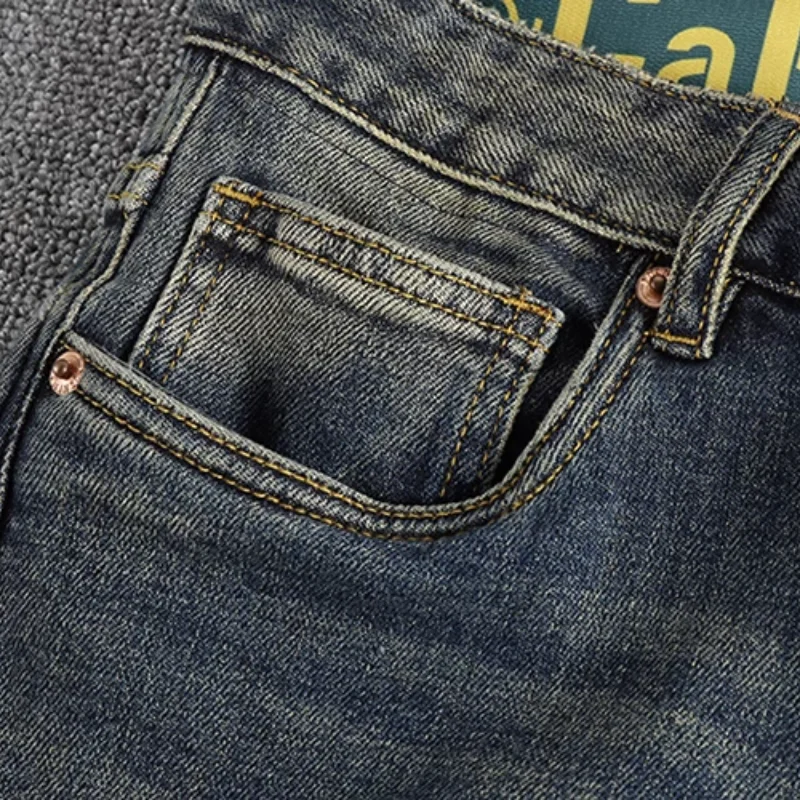 Уличные тяжелые винтажные синие водные моющиеся старые джинсы мужские подходят