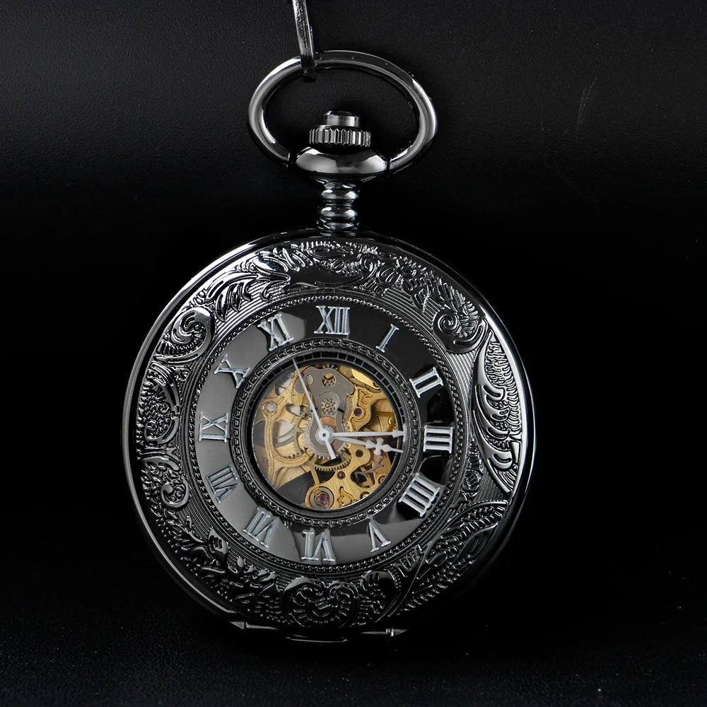 Black Digital Display Hollow Mechanical Pocket Watch Retro with Chain Steampunk Clock Men and Women Jewelry Necklace Gift