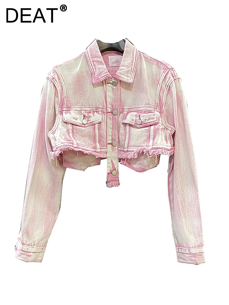 

DEAT Women Denim Jackets Lapel Tie Dye Wash Pink Spliced Long Sleeve Single Breasted Short Coat 2023 Autumn New Fashion 29L1270