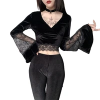 women sexy v neck lace crop tops gothic solid color long flare sleeve low cut blouse for spring fall