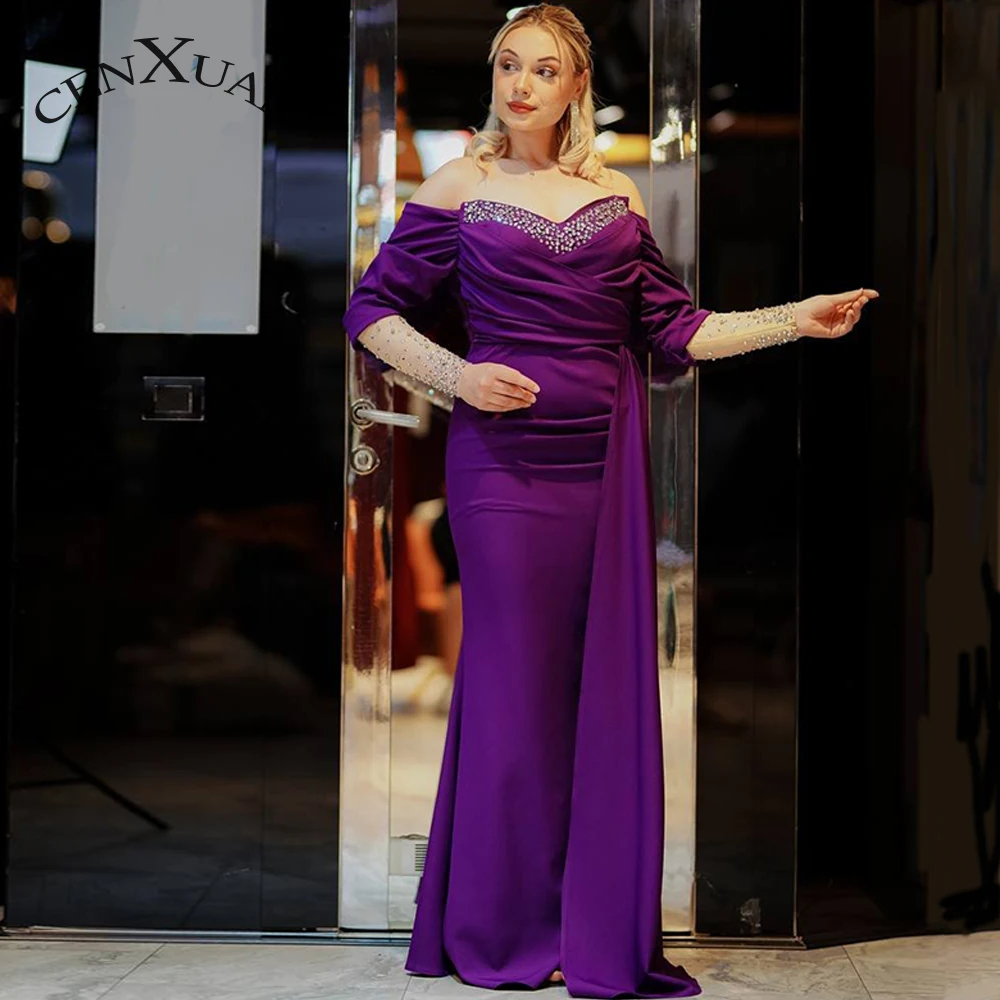 

CENXUAN Decent Prom Dresses 2023 Pleat Sequins Sweetheart Off The Shoulder Full Sleeves Zipper Mermaid Satin Ballkleider