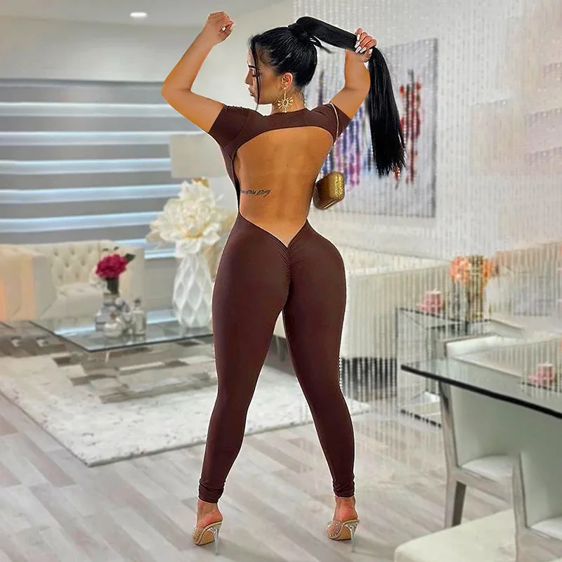 European And American Women's Clothing 2023 New Street Sexy Tight Deep V Backless Short Sleeved Jumpsuit