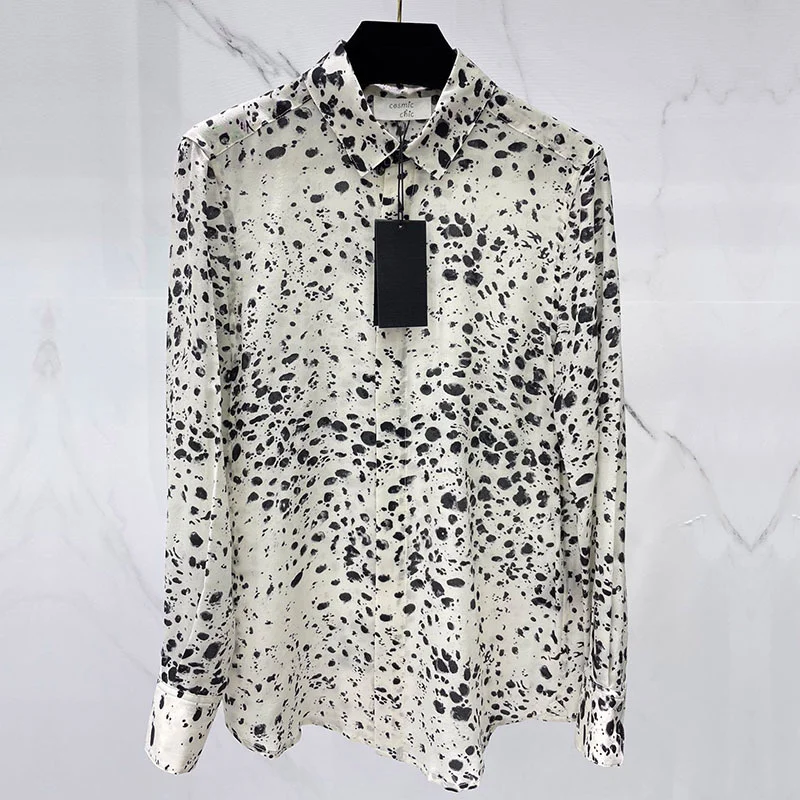 

Рубашка женская с длинным рукавом, шелковая с леопардовым принтом, текстурная рубашка на пуговицах, с лацканами, с винтажным принтом, Свобод...