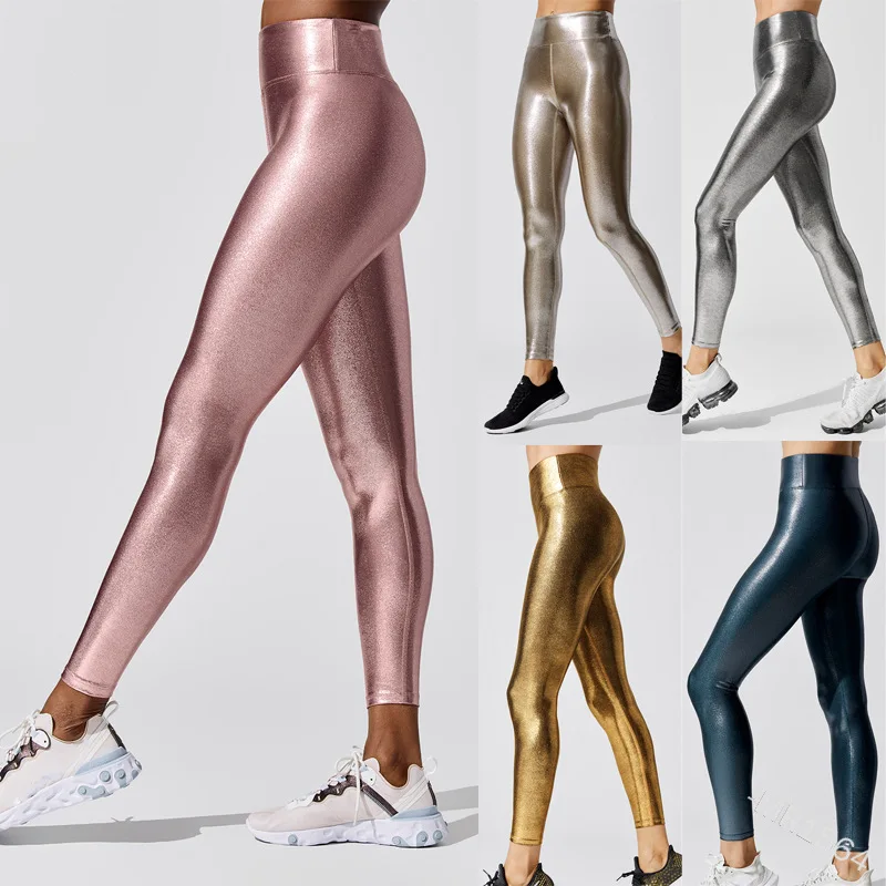 Women High Waist Tights Seamless Shining Leggings Solid Frosted Bronzing Yoga Pants Stretchy Bum Lifting Gym Leggings Shaping