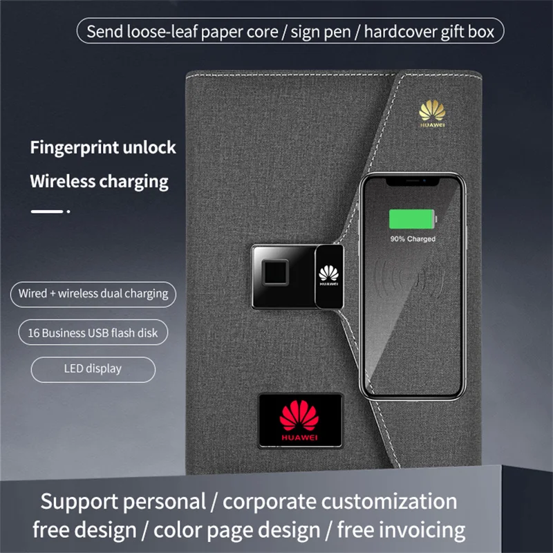 A5 Wireless Charging Notebook Business Student Gift Set Loose-leaf Notepad Manufacturer Fingerprint Lock U Disk Custom Logo