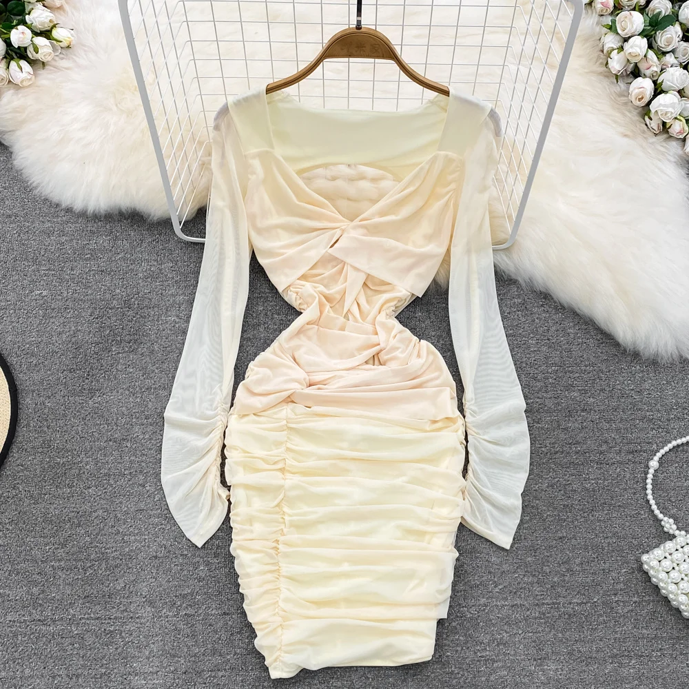 

Autumn 2022 Korean Girls Fashion Hollow Out Long Sleeve Mesh Dress Women Twist Pleated Slim Mesh Hip Wrap Dresses
