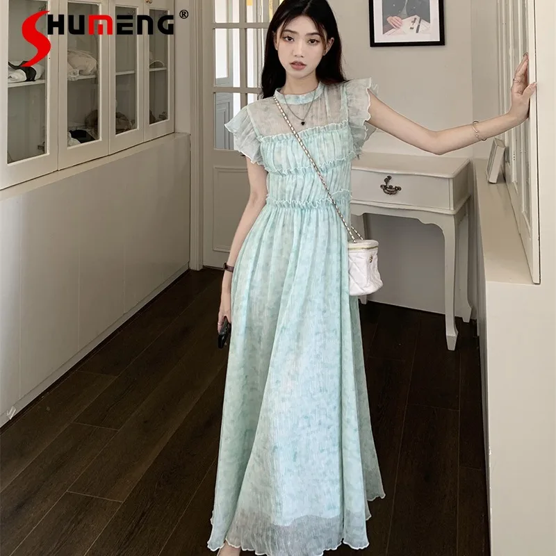 Summer Korean Style Gentle Long Dress Pleated Temperament National Style Waist Slimming Flounced Sleeve Fairy Maxi Dress