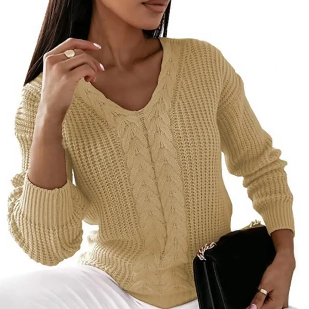 

Knitwear Jumper Women V Neck Slim Fit Long Sleeves Ribbed Cuff Knitting Keep Warm Solid Color Women Sweater Knitted Casual Top