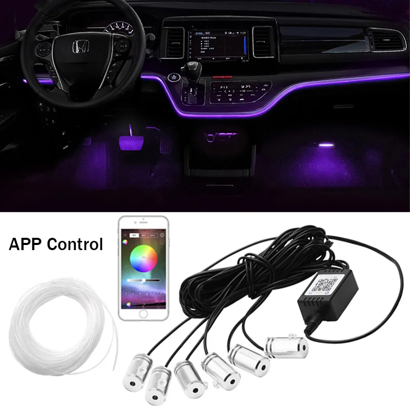

Светодиодсветодиодный атмосфера 6 в 1 RGB для салона автомобиля, комплект освещения для салона автомобиля, оптоволоконные ленты светильник с ...
