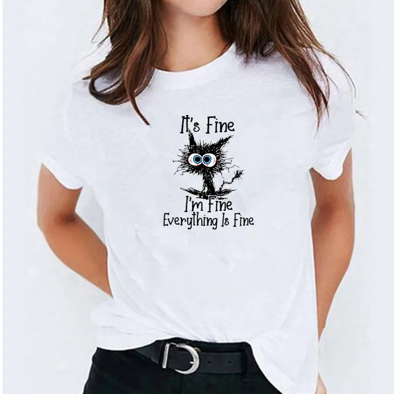 

Women Summer Tshirt Cotton 100% Casual Cat Printing Fashion Female Graphic Kawaii T Shirts Ladies Regular Short Sleeve Tees Tops