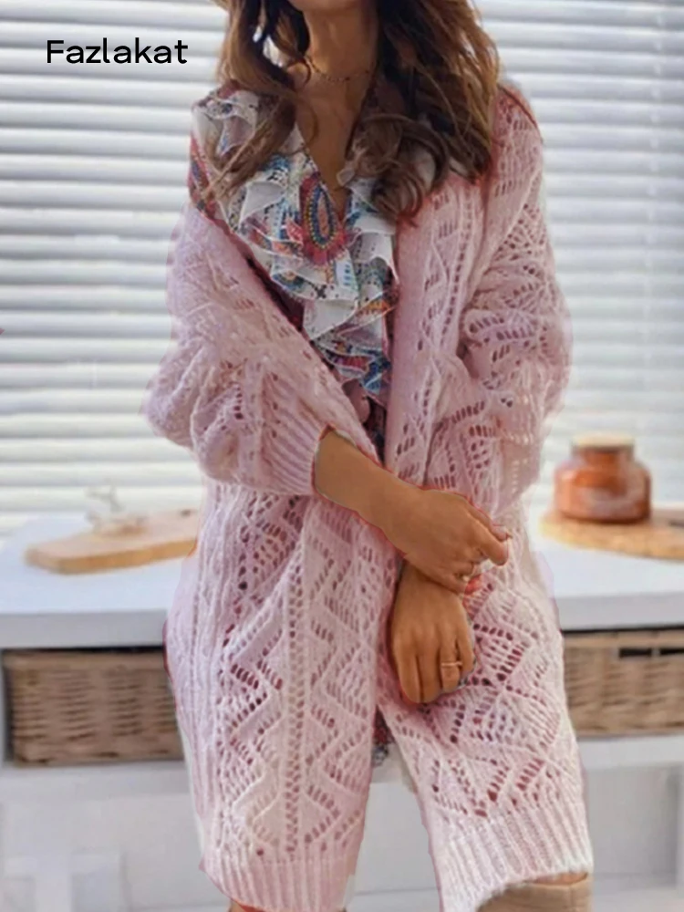 

Casual Women Long Sleeve Knitted Cardigan Sweater Autumn Warm Loose Coat Sweater 2021 Office Female Hollow Out Outwear Sweater