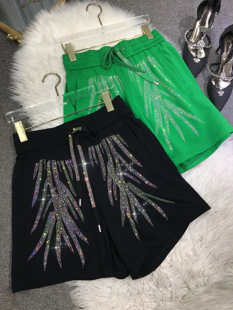 Blingbling  Hot Drilling Women Green Shorts 2023 New Summer Fashion Loose Wide Leg Pants Elastic Waist All-match Sports Shorts