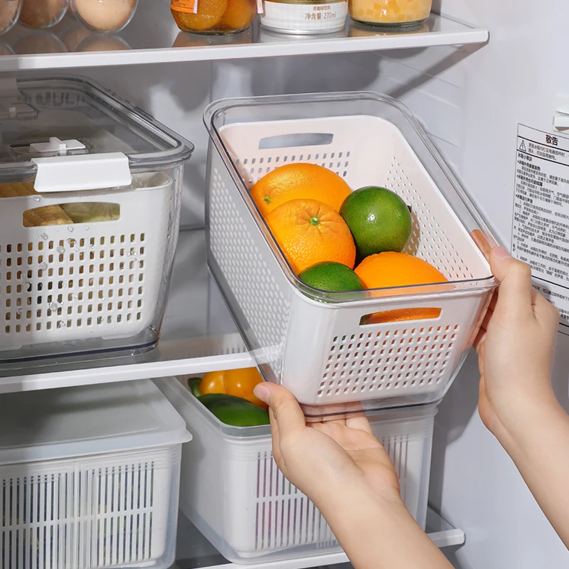 

Kitchen Storage Box Refrigerator Keep Fresh Box Vegetable Fruit Drain Crisper Multifunctional Plastic Basket Container with Lip