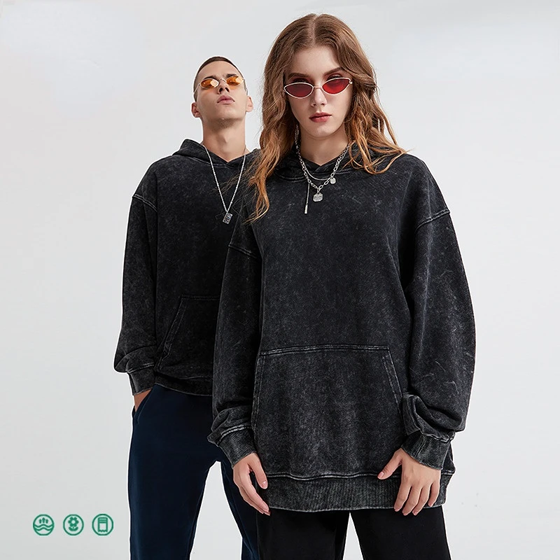 ACTIONTUBE Men's Worn Wash Hooded Trendy Brand Sweater Shirt Heavy Weight Remake Terry Long Sleeve Hoodies Women Men Clothing