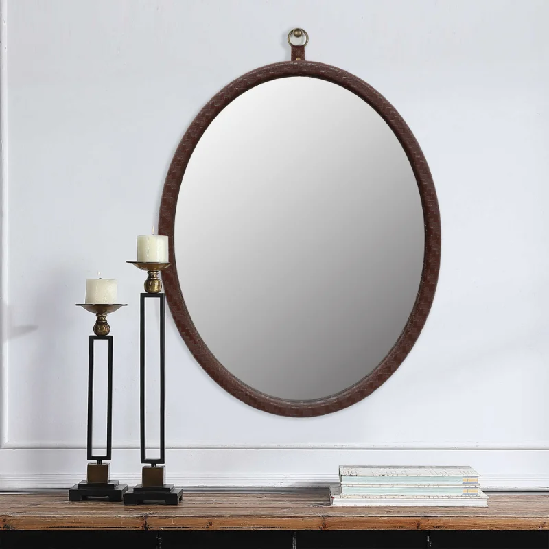 

Oval Brown Woven Grain Decorative Wall Hanging Mirror\ PU Covered MDF Framed Mirror for Bedroom Living Room Vanity