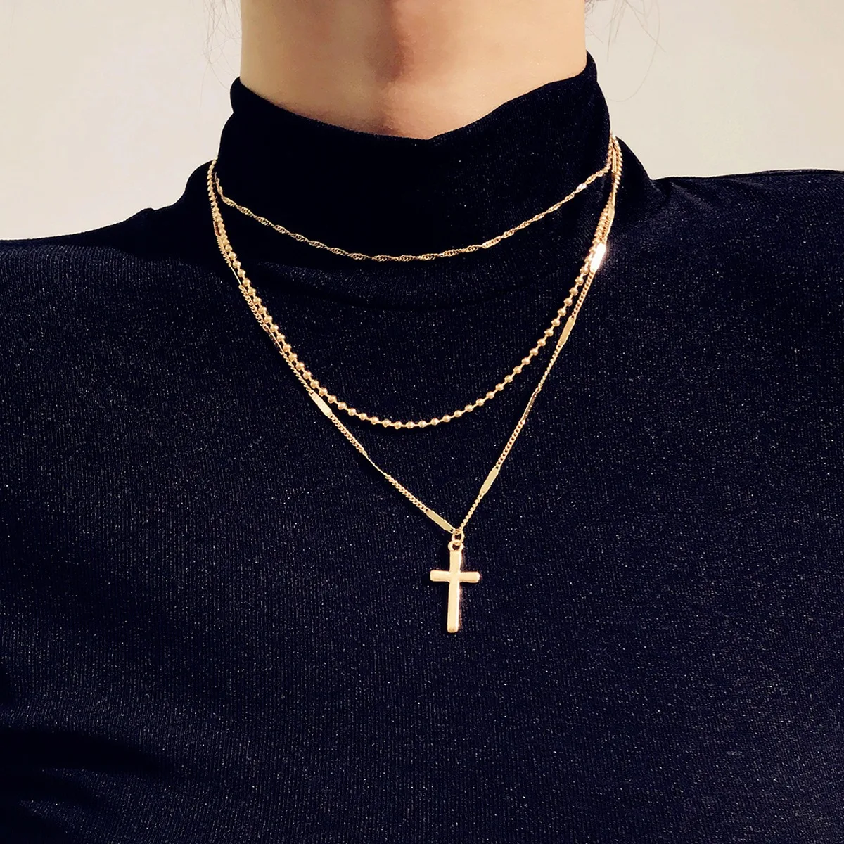 

Romantic Cross Pendants Necklace For Women Gold Silver Color Multilayered Oval Beads Chain Necklace Minimalism Female Jewelry