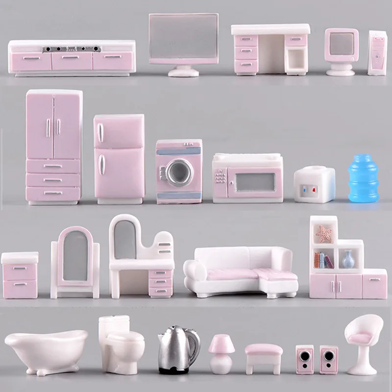 

22Pcs/Set Mini Pink Modern Furniture TV Sofa Fridge Ornaments Model DIY Landscaping Decorations Crafts Miniature Photo Props