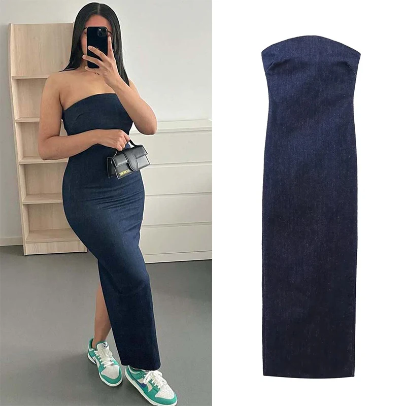 

Женское джинсовое платье с открытой спиной, синее длинное винтажное платье из денима без бретелек, с разрезом на молнии, лето 2023