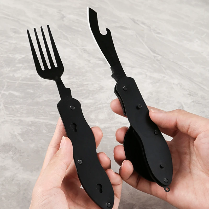 3-in-1 Multitool Camping Utensils Portable Stainless Steel Foldable Spoon Fork Knife Bottle Opener Combo Set Backpacking Cutlery
