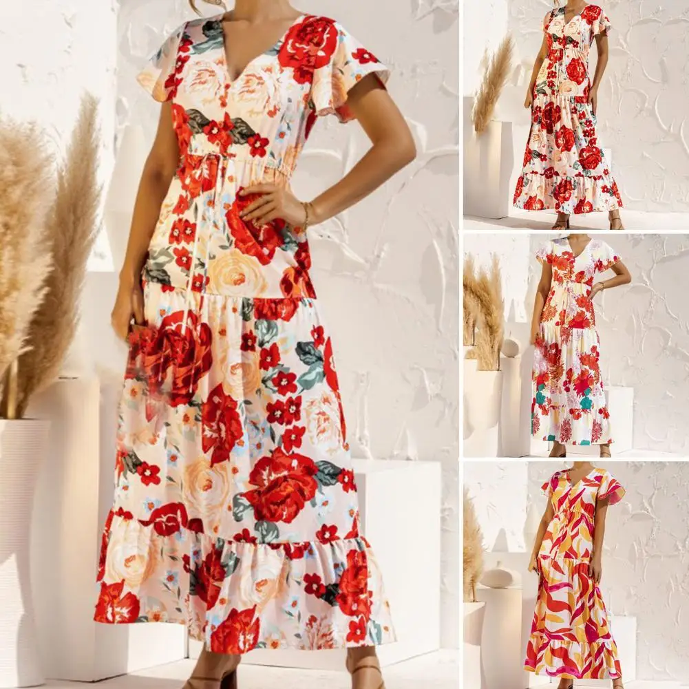 

Long Dress V-neck Ruffled Polyester Floral Print Beach Dress for Vacation