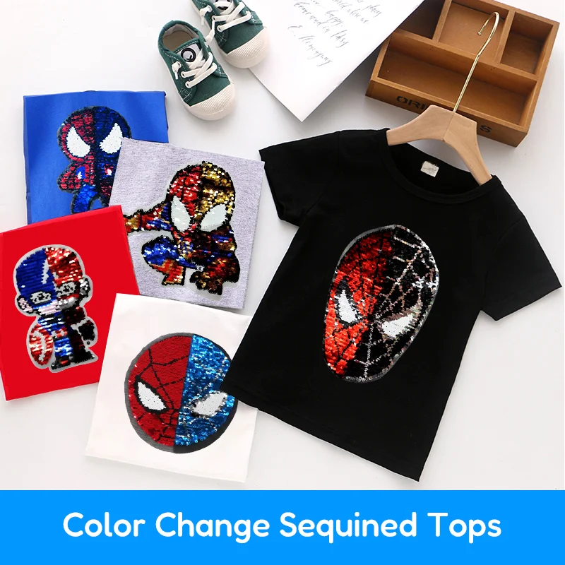 

Spiderman Kids Boys Clothing Summer T-Shirt Children Cartoon Short-Sleeved Cotton Reversible Change Sequin T-Shirt for Baby Boys