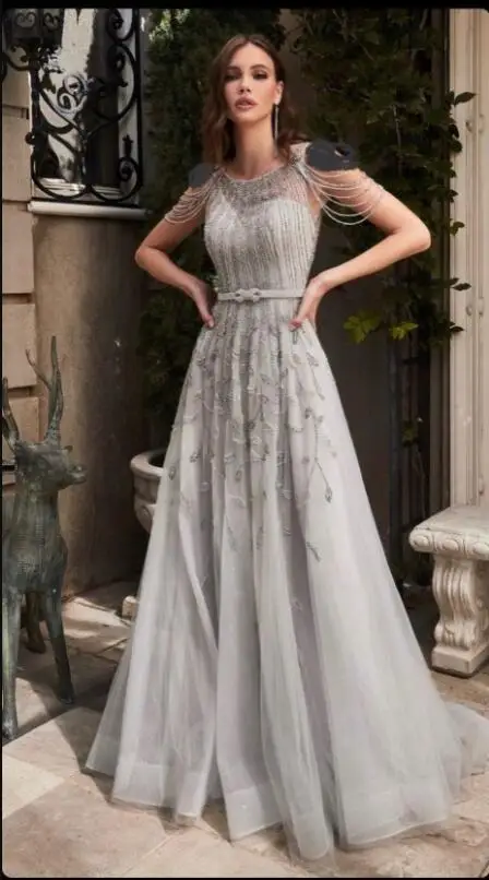 

Verngo Silver Beads A Line Tulle Long Prom Dresses O-Neck Tassel Lace Floral Floor Length Evening Gowns Women Chic Formal Dress