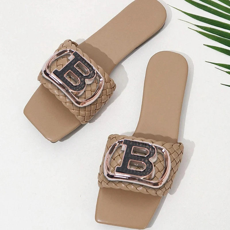 Women Luxury Decor Flat Sandals Weave Charm Design Temperament Open-toe Vacation Casual Slides Party Elegant Office-Ladies Shoes