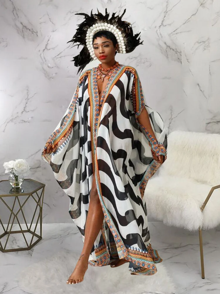 

2023 Elegant Kaftan Long Print Tunic Loose Maxi Dress Vintage Bikini Women Summer Clothing Beach Wear Swim Suit Cover Up A2020