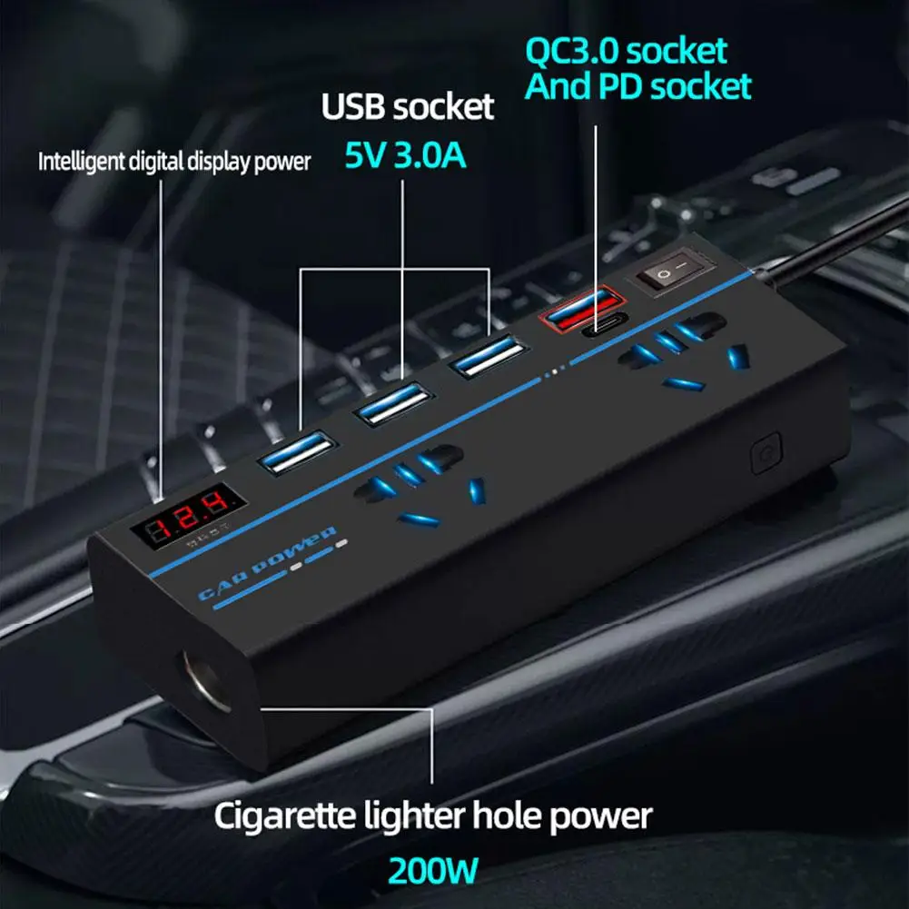 

Автомобильный инвертор 110 В, преобразователь постоянного тока 12 В в переменный ток 110 В 220 В 200 Вт, преобразователь питания для зарядки, трансформатор типа C, адаптер для быстрой автоматической станции, USB Acce K1W7