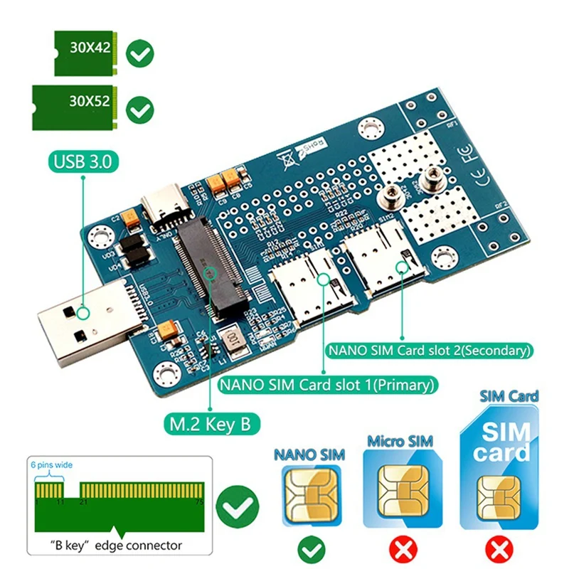 Фото Адаптер M.2 на USB 3.0 с двумя слотами для NANO SIM-карт, поддержка модулей 3G/4G/5G/LTE 3042/3052 для настольных ПК-EFT №5