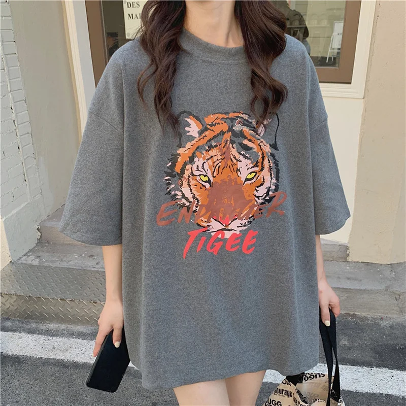

Boho White Tiger Head Graphic Tees Women Cotton Short Sleeve O Neck Tshirt Shirts New Fashion Women T-shirt Casual T Shirts 2021