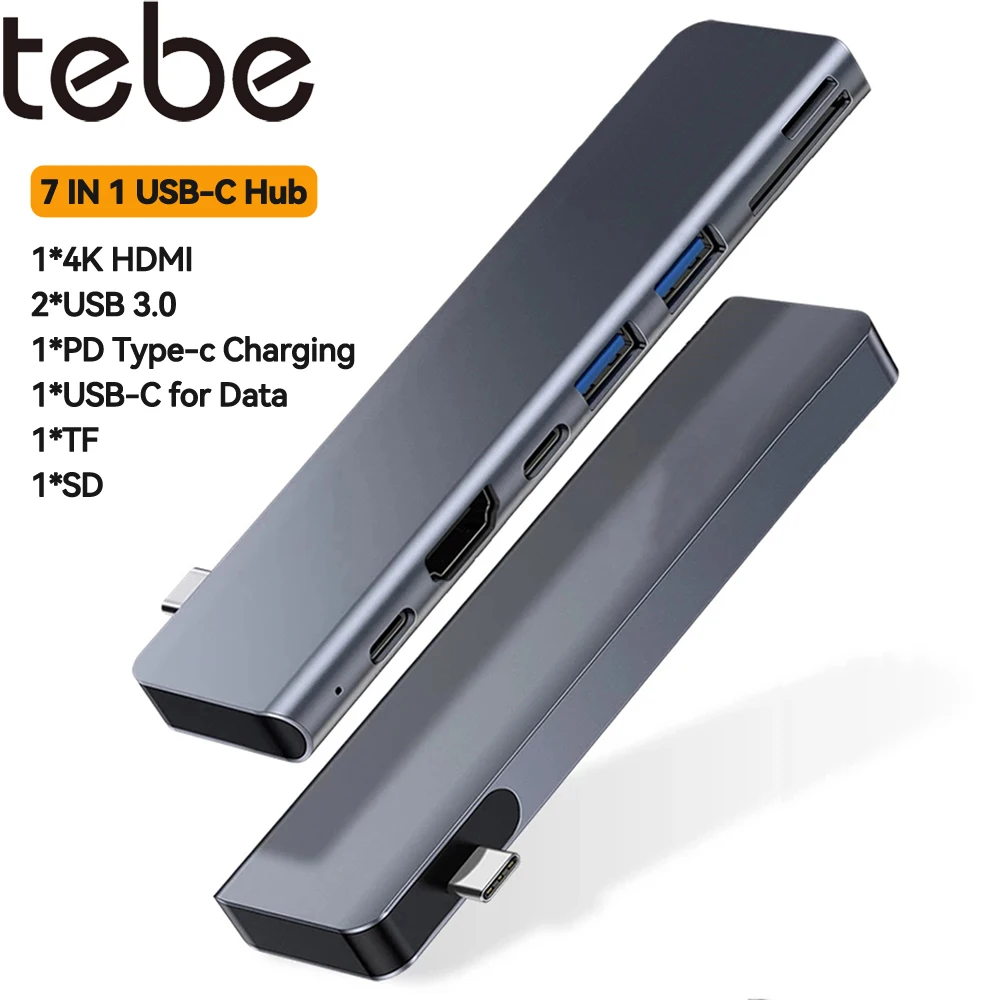 

Tebe 7 IN 1 Type-c Hub for Macbook USB -C to 4K HDMI-compatible USB 3.0 SD/TF PD Fast Charging Splitter USB C Docking Station