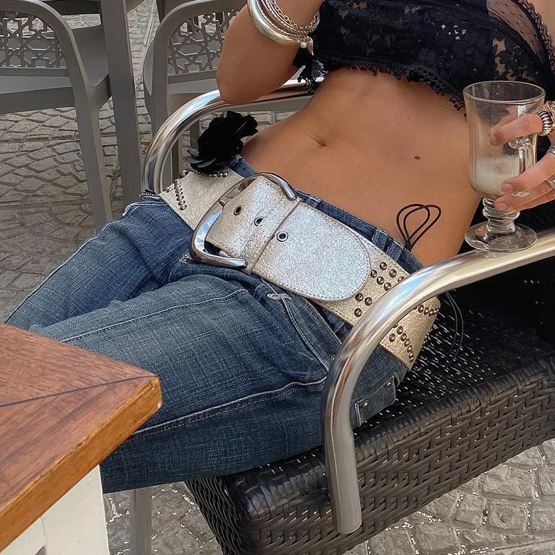 Женский Кожаный Ремень Y2k С Заклепками Повседневный Широкий Из Искусственной