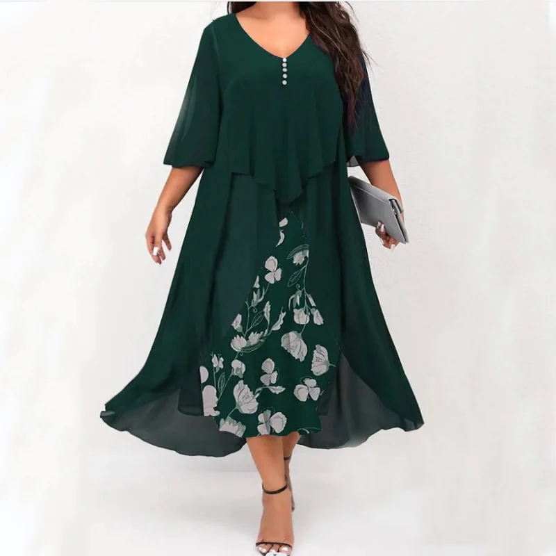 

Spring Autumn Casual Women Chiffon Dress Floral Print Half Sleeve V-Neck Mid-Calf Loose Waist A-LINE Irregular Hem Dresses