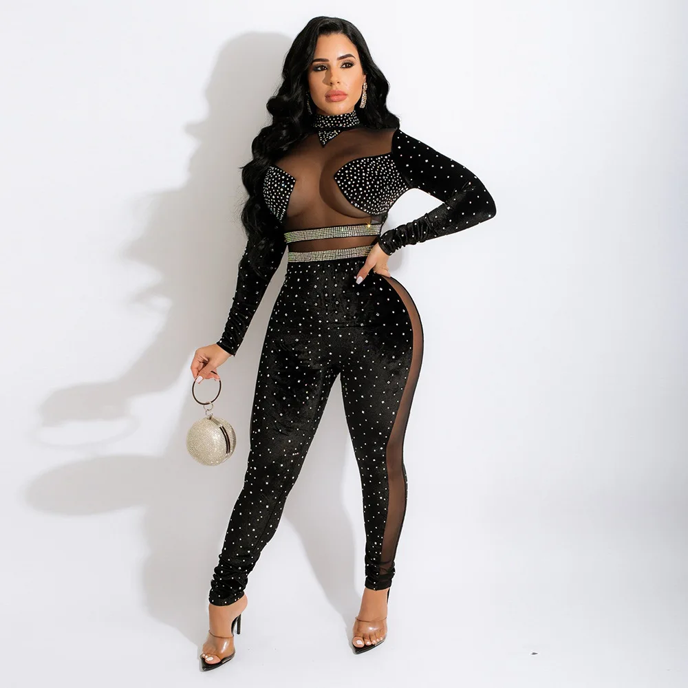 

Женский Облегающий комбинезон для ночного клуба, блестящий женский комбинезон, облегающий сексуальный комбинезон из прозрачной сетки с дл...