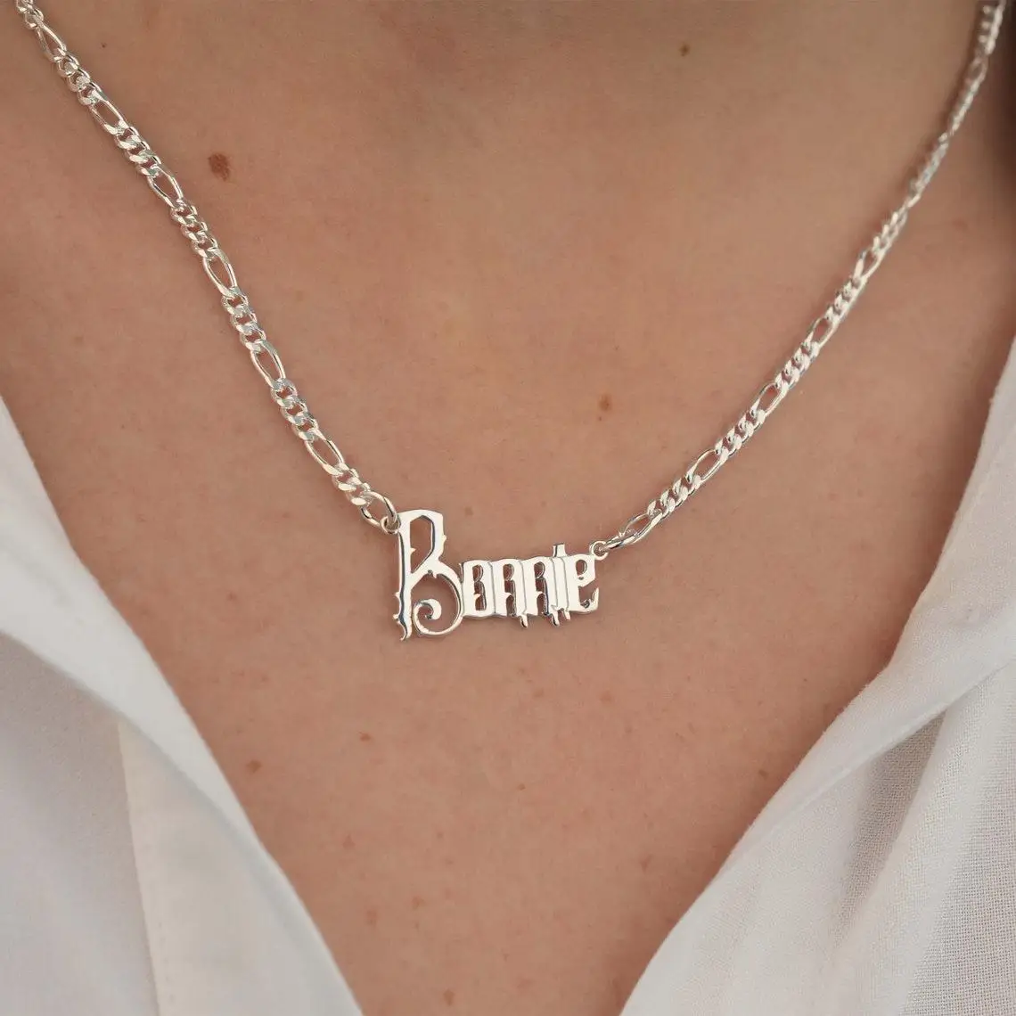 

Ожерелье с именем на заказ, ожерелье-цепочка Фигаро, ожерелье из нержавеющей стали с именной табличкой, индивидуальное ожерелье для женщин